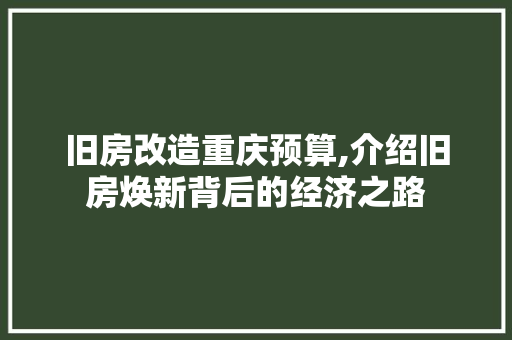 旧房改造重庆预算,介绍旧房焕新背后的经济之路