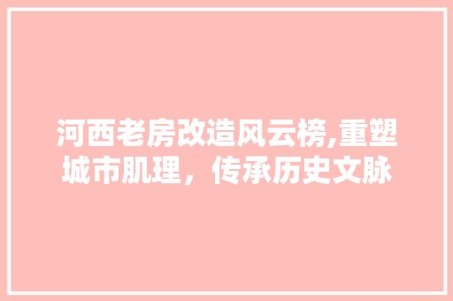 河西老房改造风云榜,重塑城市肌理,传承历史文脉